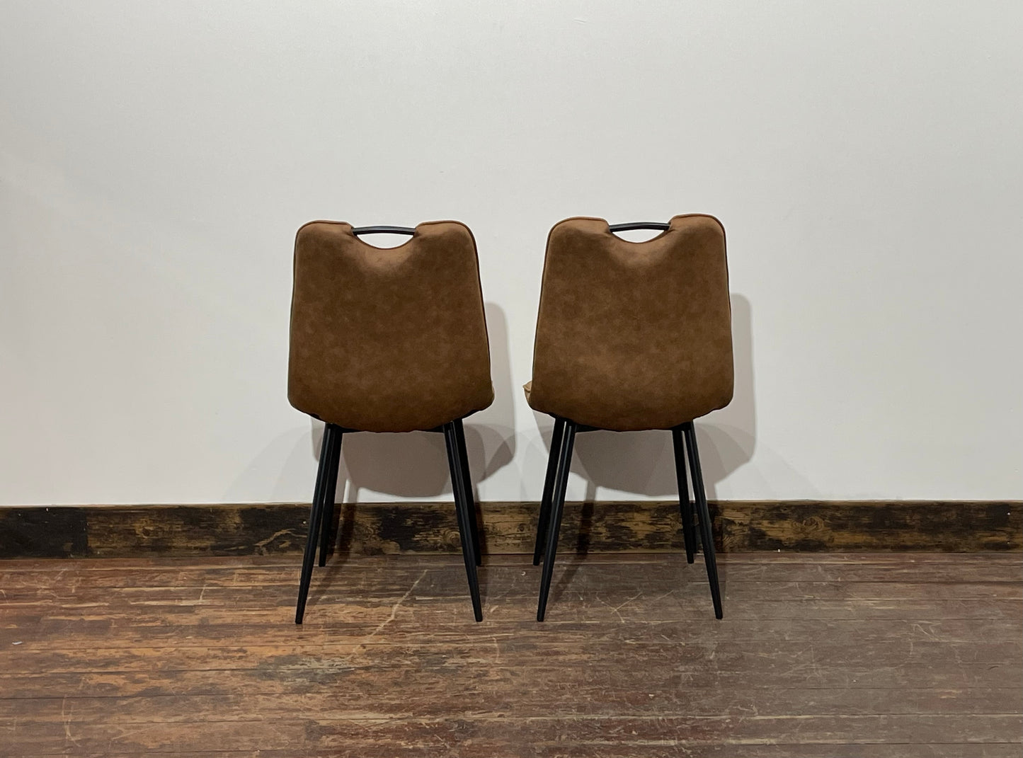 Pair of stylish dining chairs in tan suede-effect fabric
