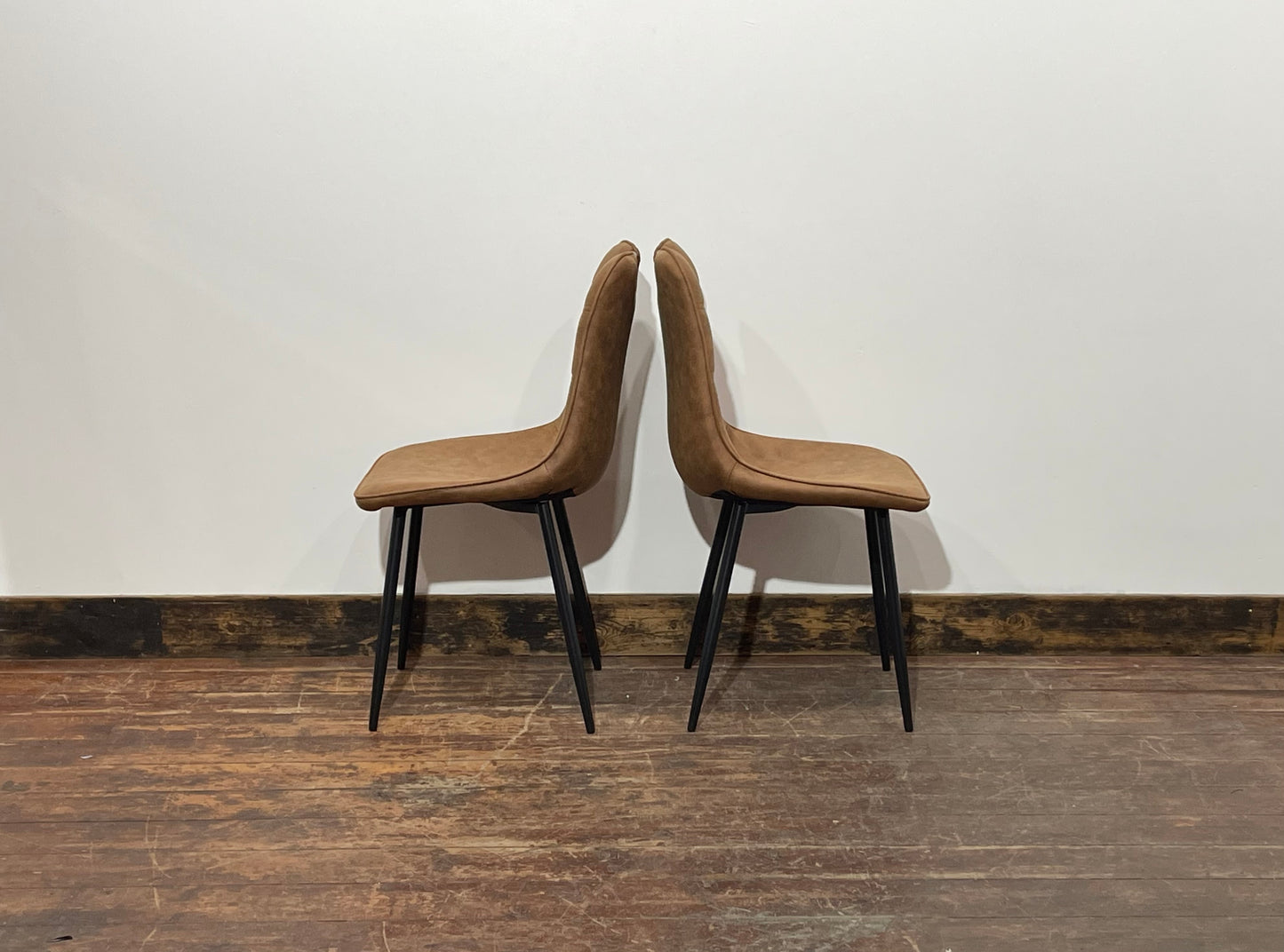 Pair of stylish dining chairs in tan suede-effect fabric