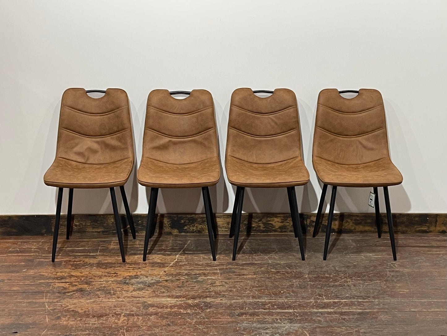 Pair of stylish dining chairs in tan suede-effect fabric