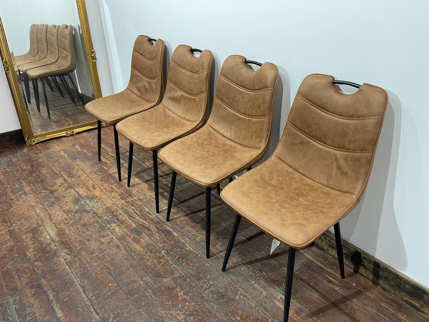 Pair of stylish dining chairs in tan suede-effect fabric
