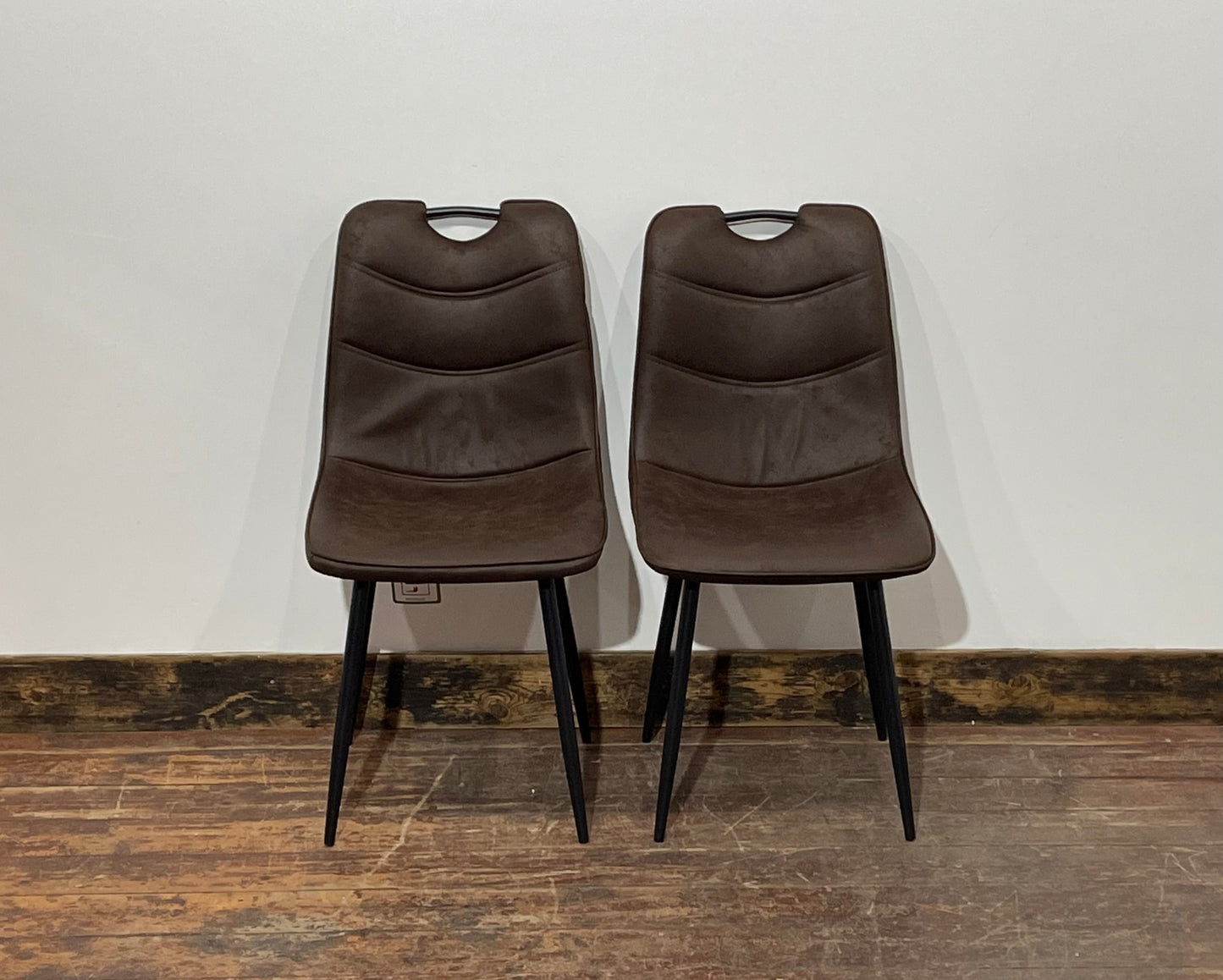 Pair of stylish dining chairs in dark brown suede-effect fabric