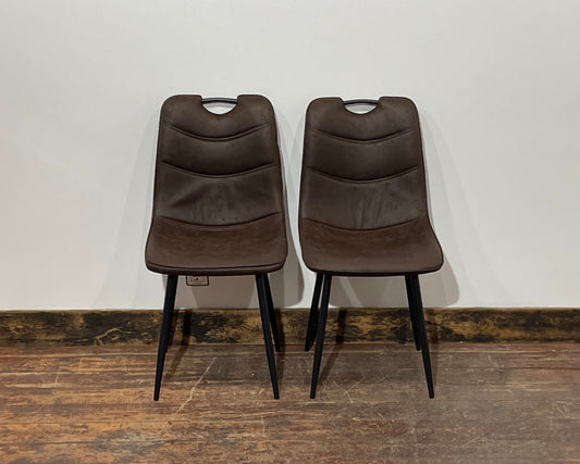 Pair of stylish dining chairs in dark brown suede-effect fabric