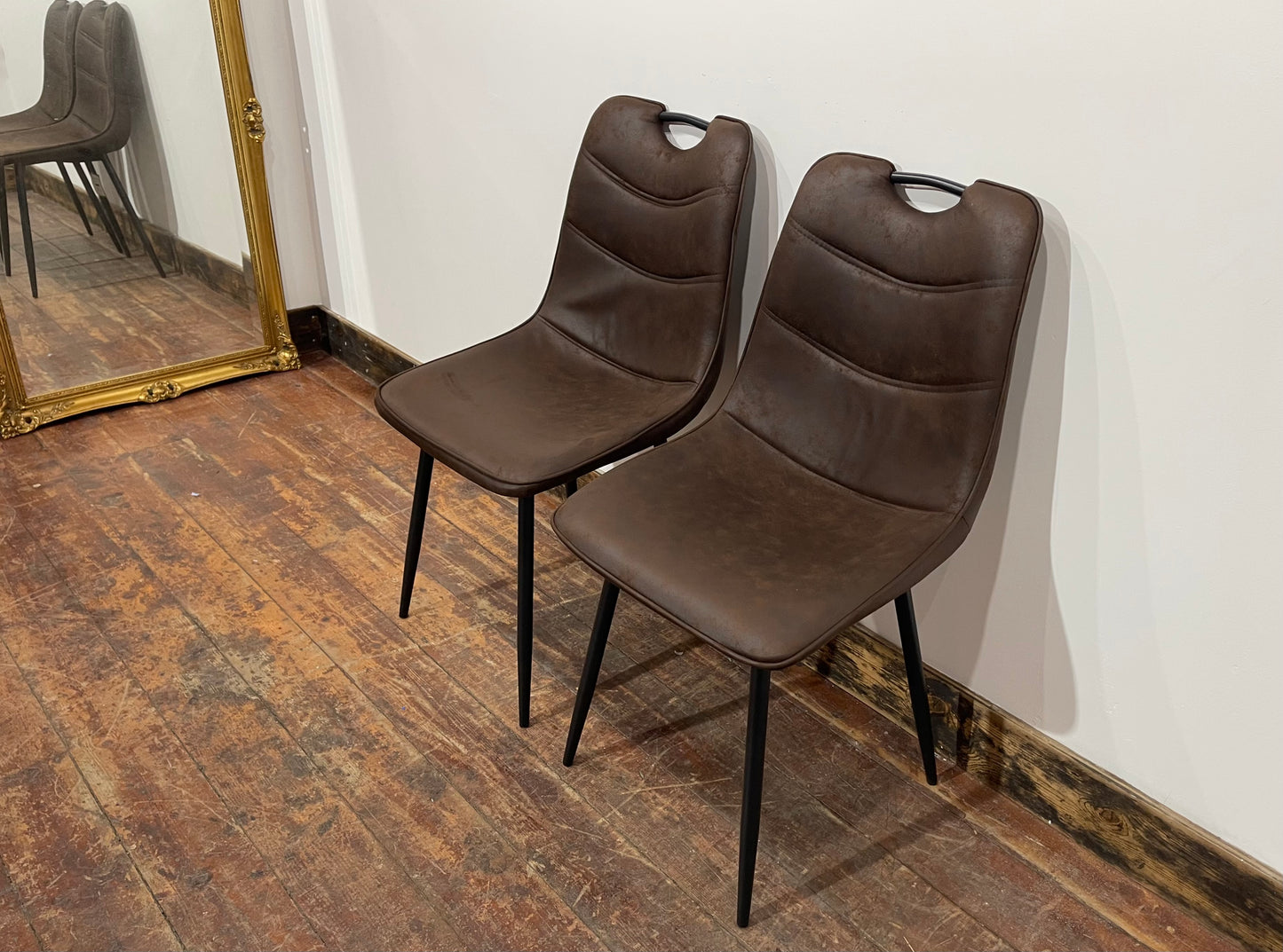 Pair of stylish dining chairs in dark brown suede-effect fabric