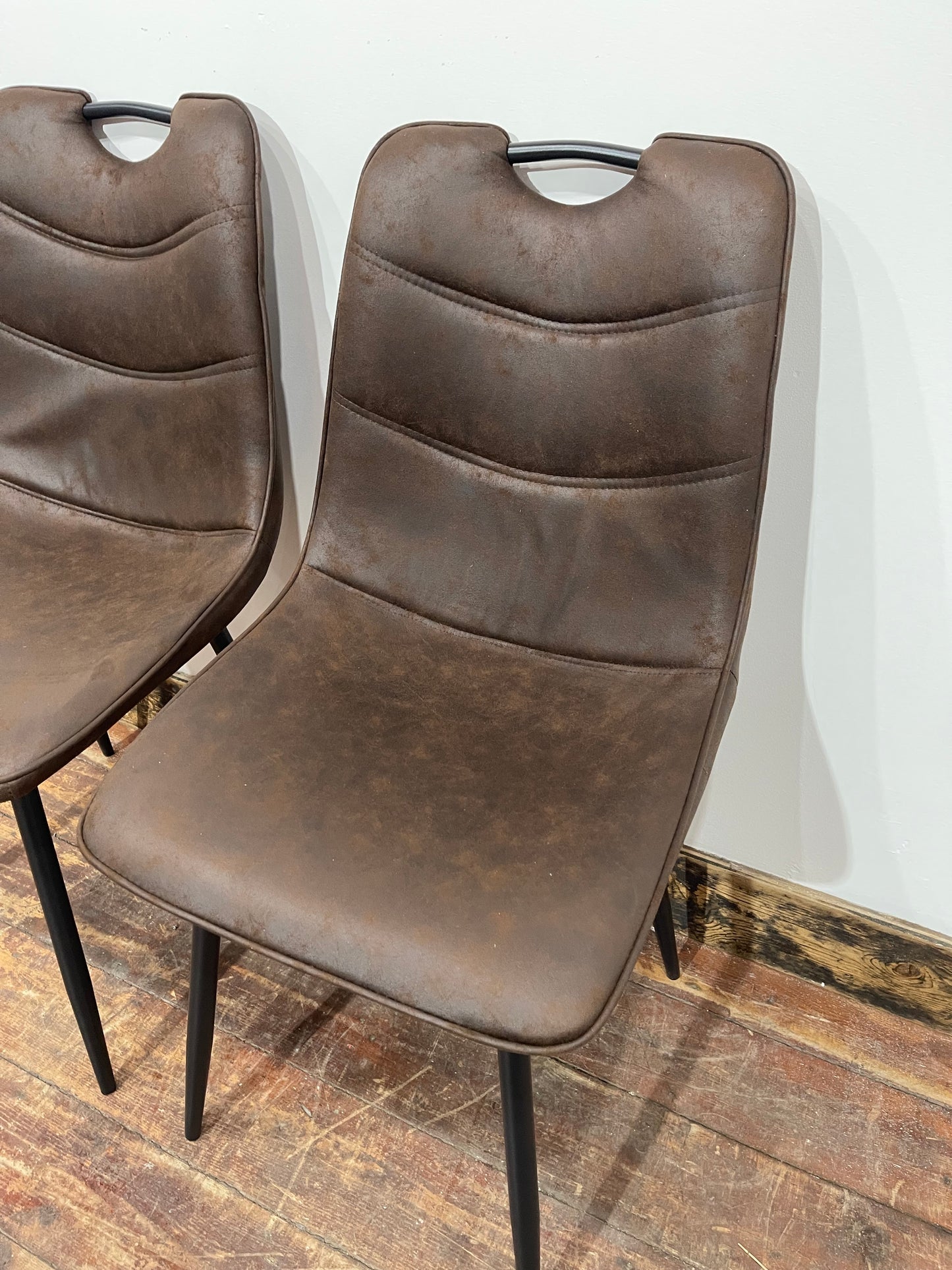 Pair of stylish dining chairs in dark brown suede-effect fabric