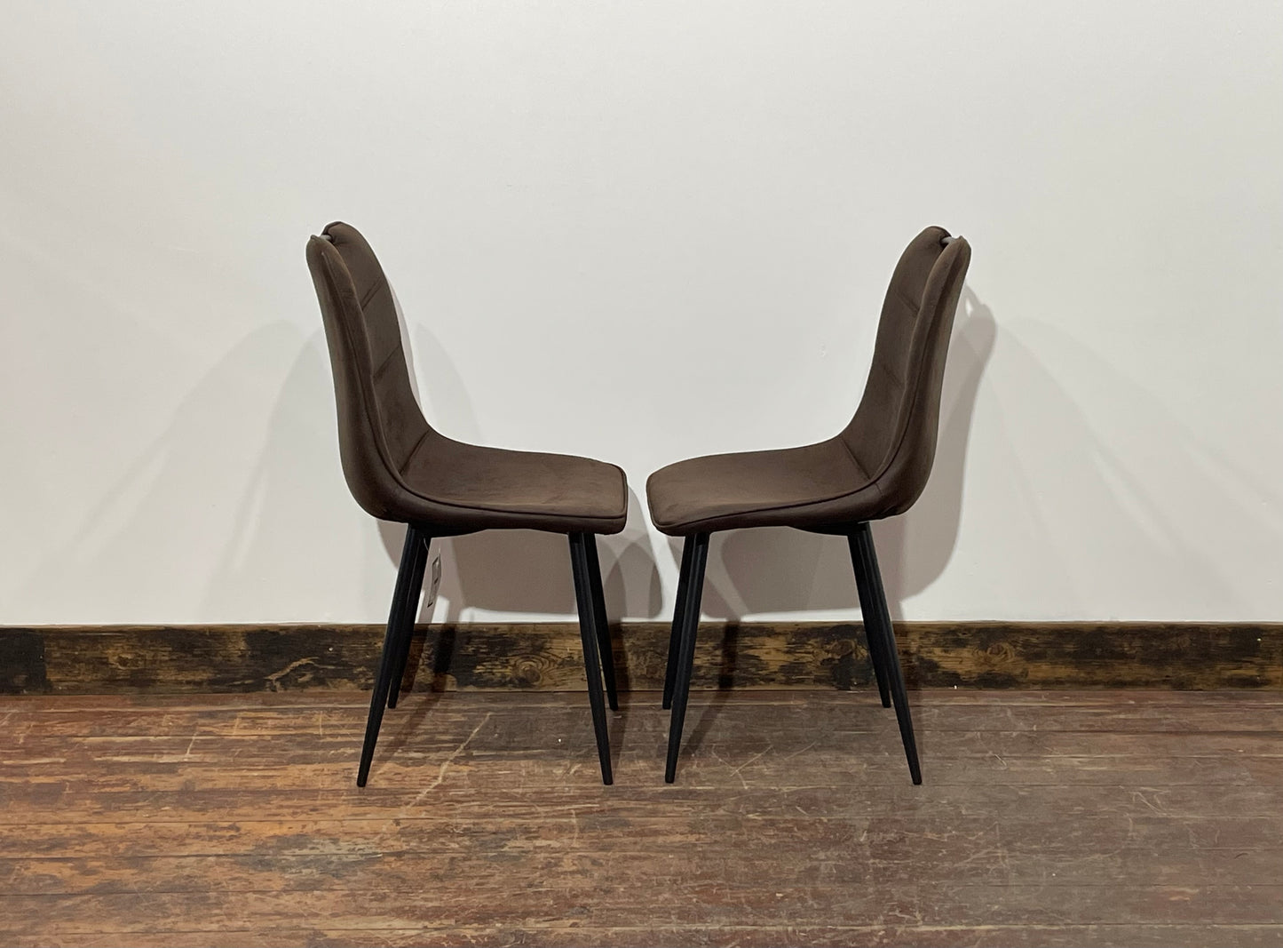 Pair of stylish dining chairs in dark brown suede-effect fabric