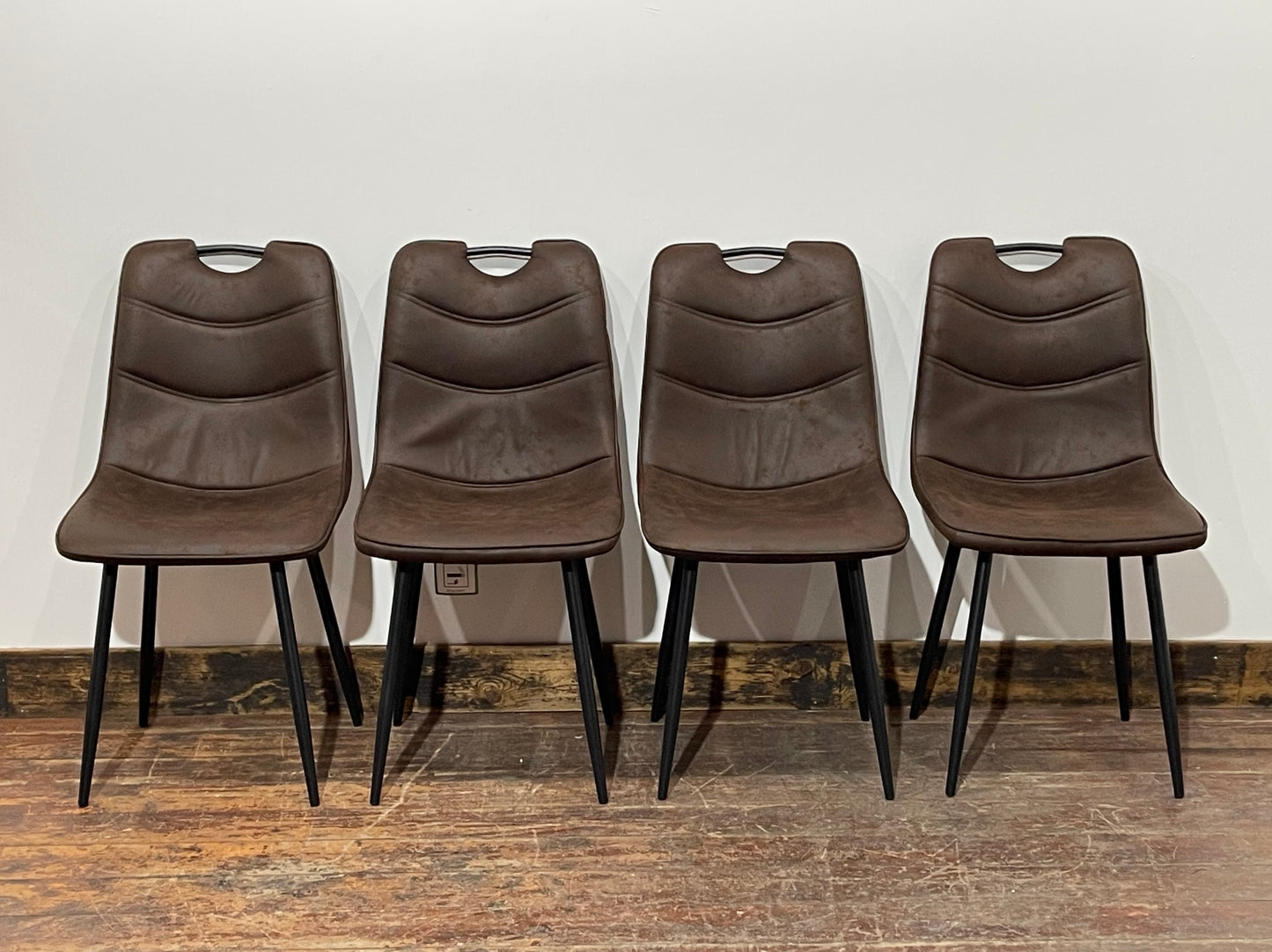 Pair of stylish dining chairs in dark brown suede-effect fabric