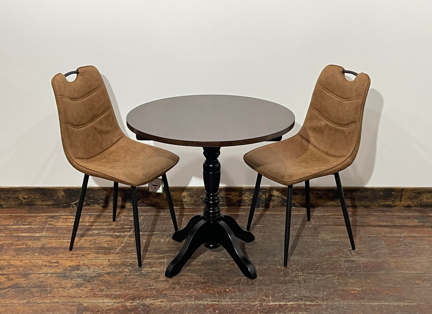 Pair of stylish dining chairs in tan suede-effect fabric