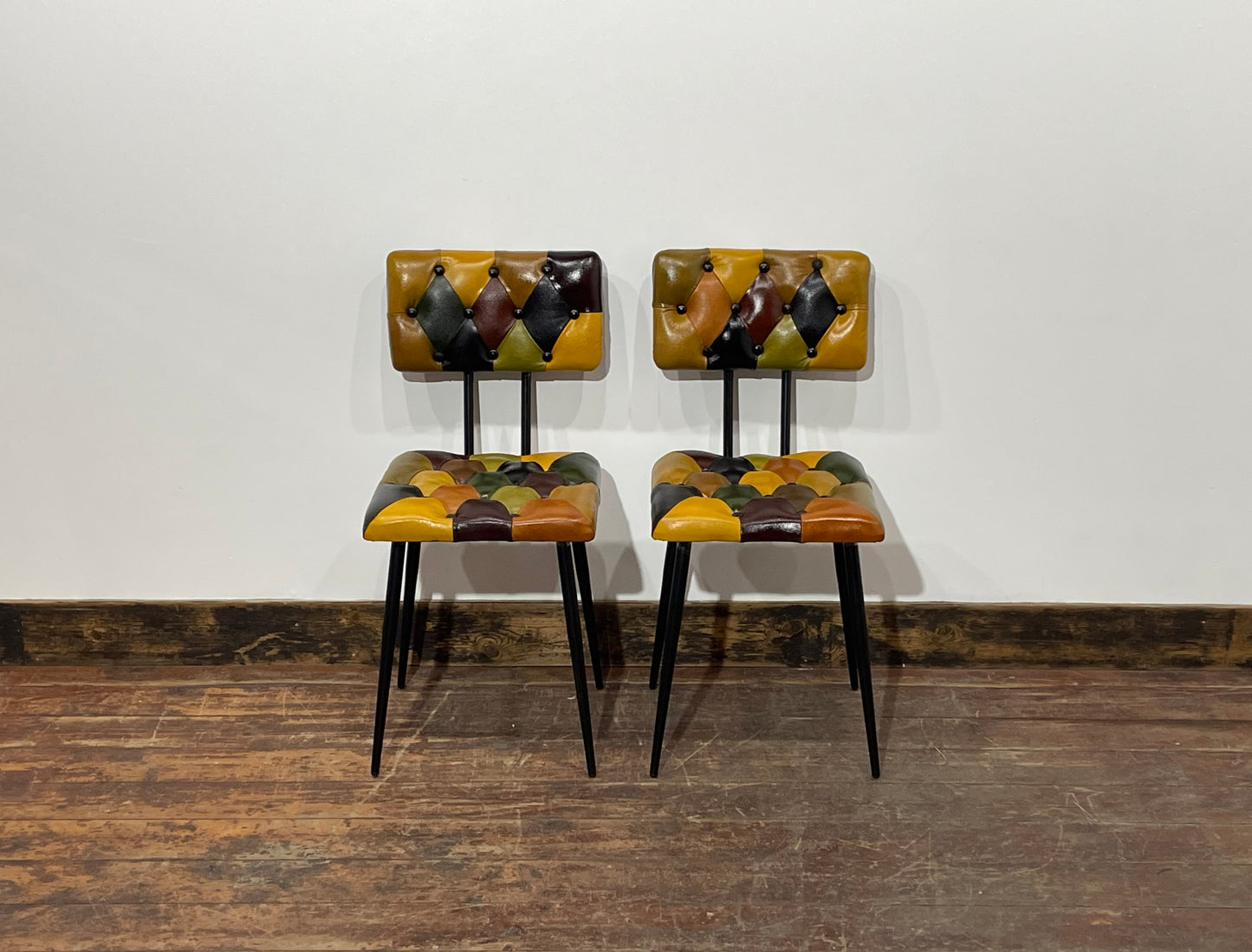 Stunning pair of patchwork leather dining chairs