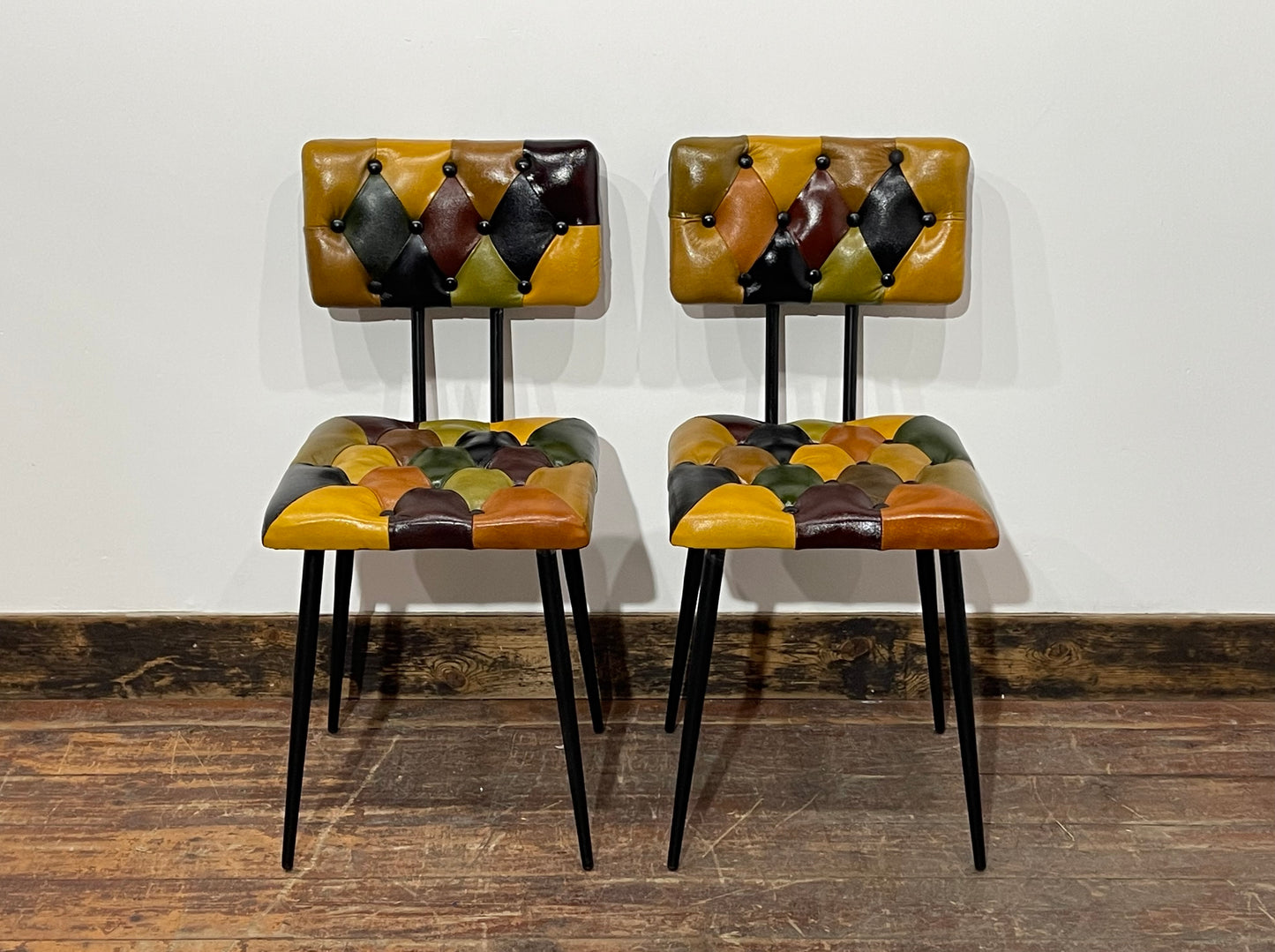 Stunning pair of patchwork leather dining chairs