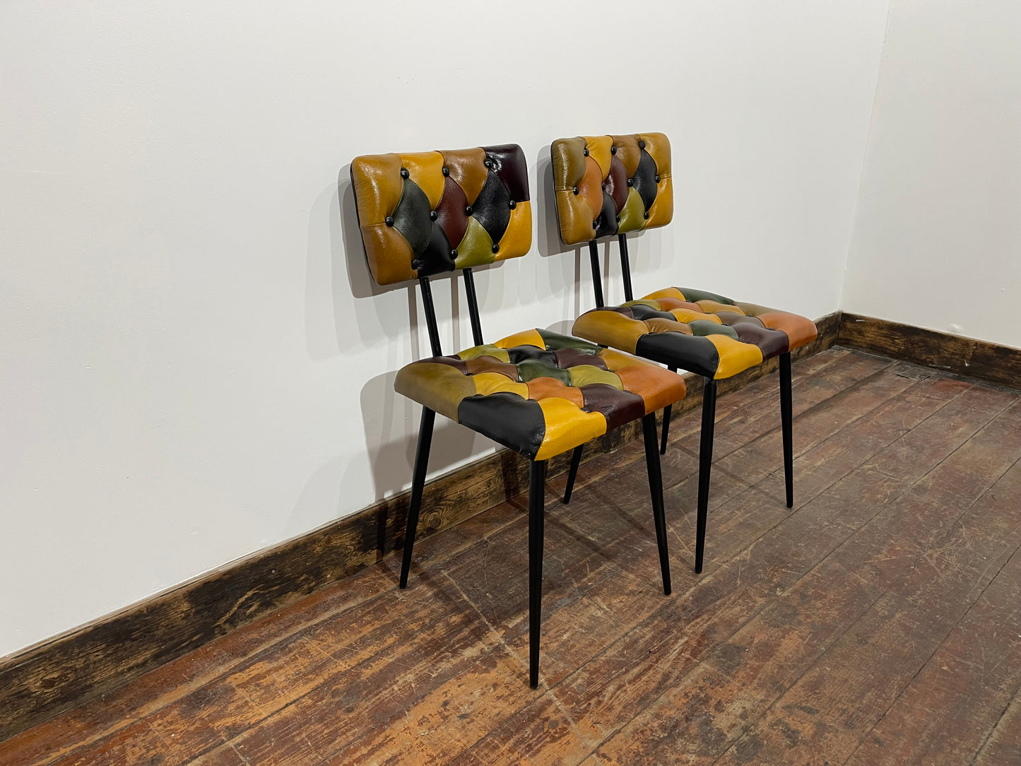 Stunning pair of patchwork leather dining chairs