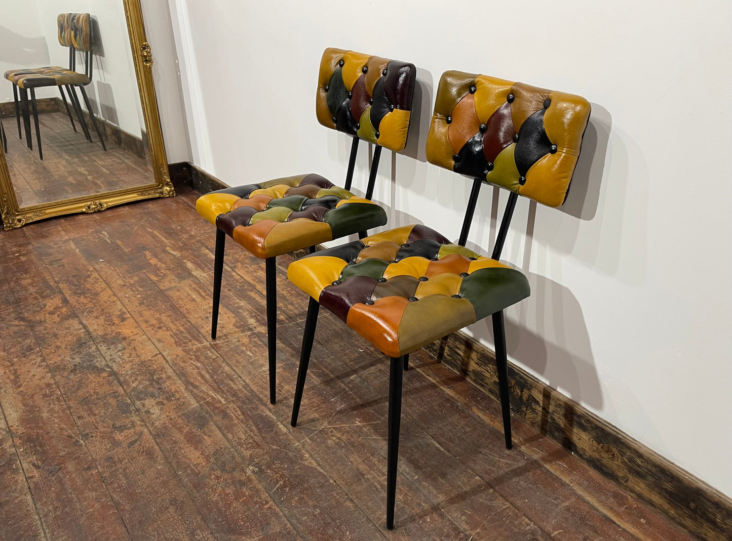 Stunning pair of patchwork leather dining chairs