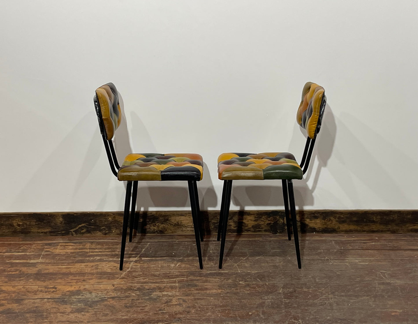 Stunning pair of patchwork leather dining chairs