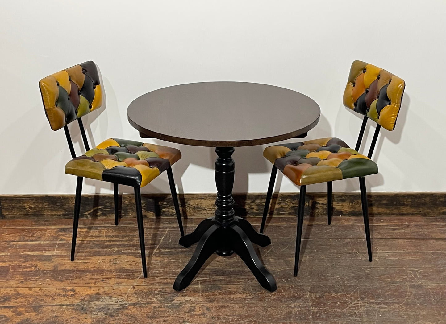 Stunning pair of patchwork leather dining chairs