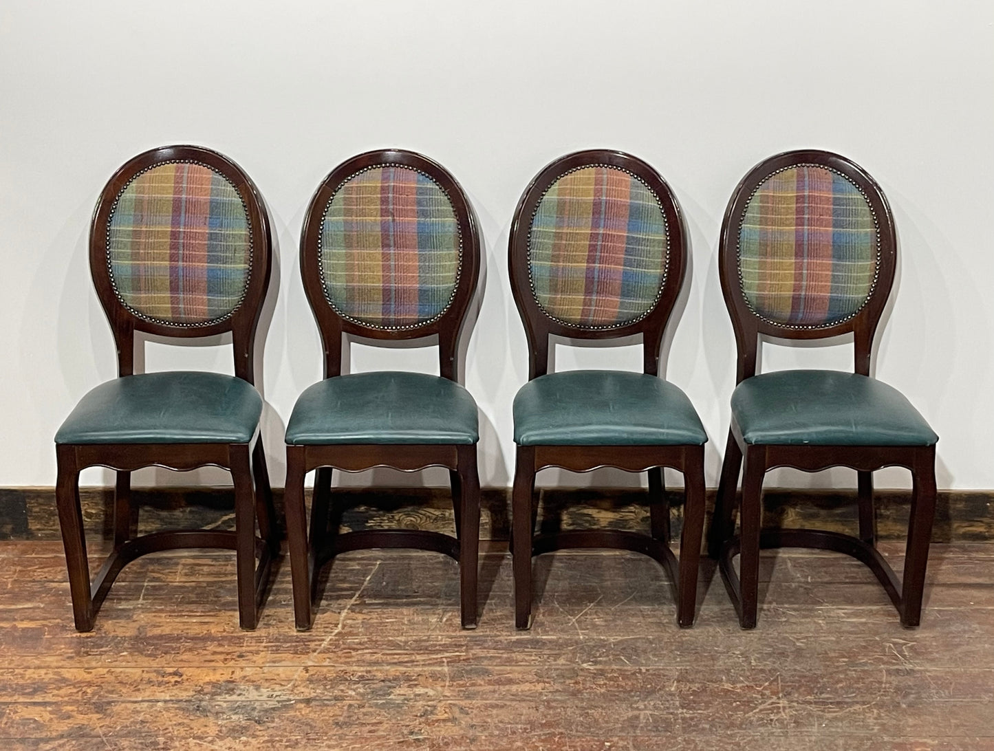 Set of 4 dining chairs with faux-leather seats & tartan fabric