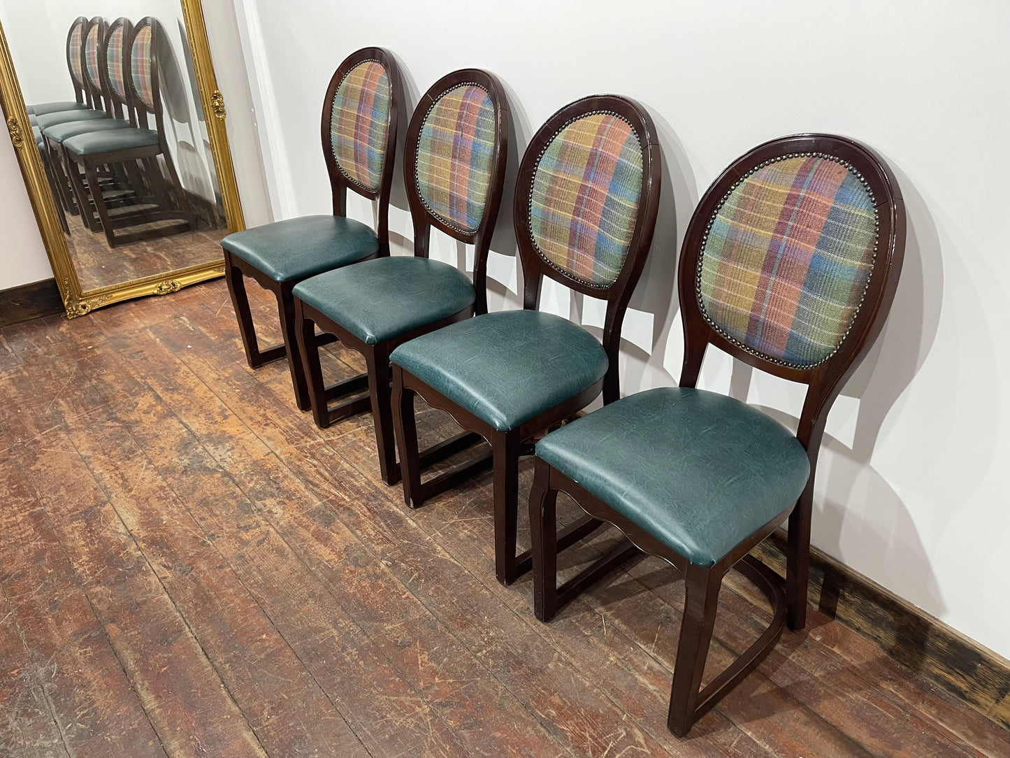 Set of 4 dining chairs with faux-leather seats & tartan fabric