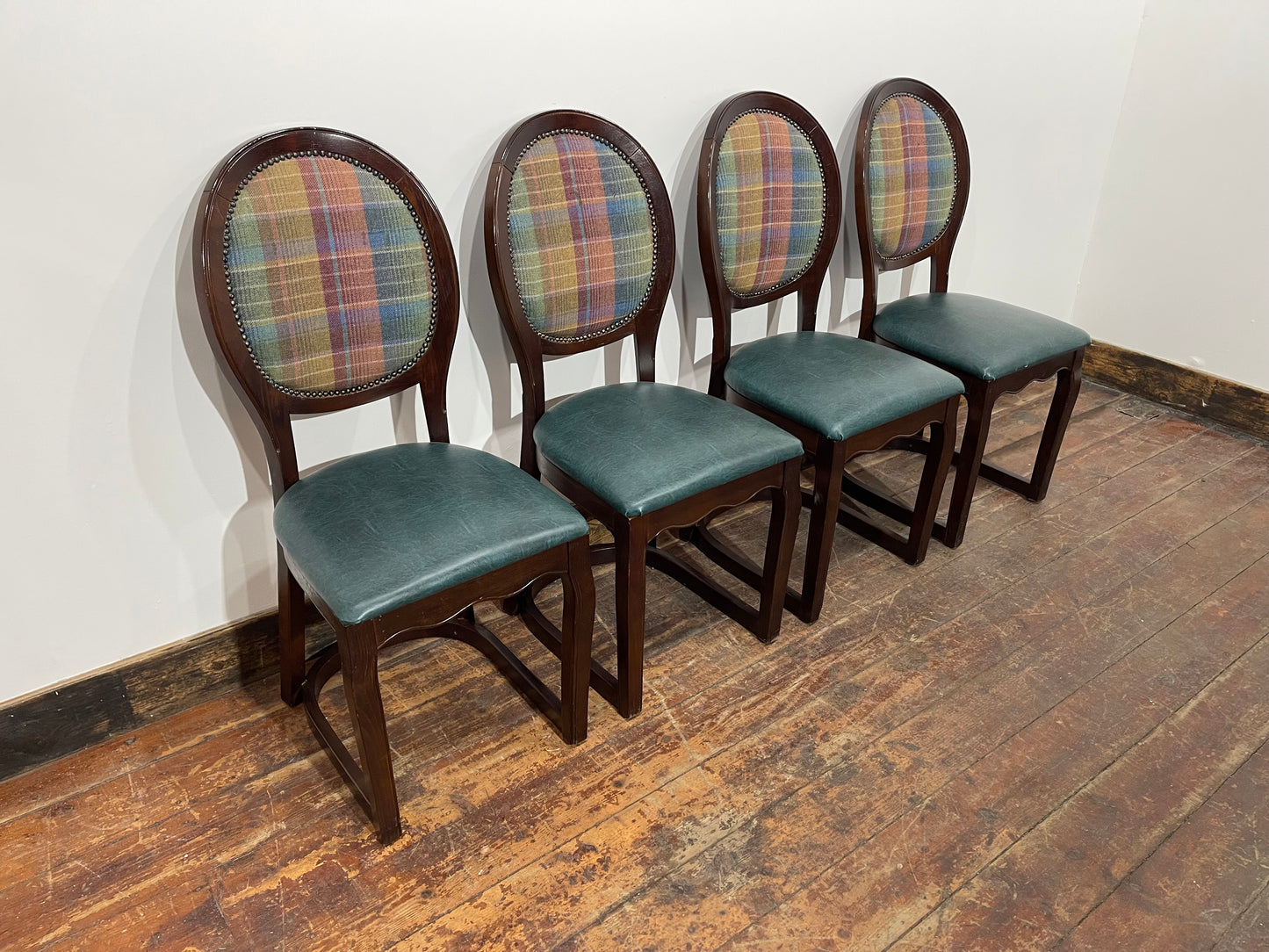 Set of 4 dining chairs with faux-leather seats & tartan fabric