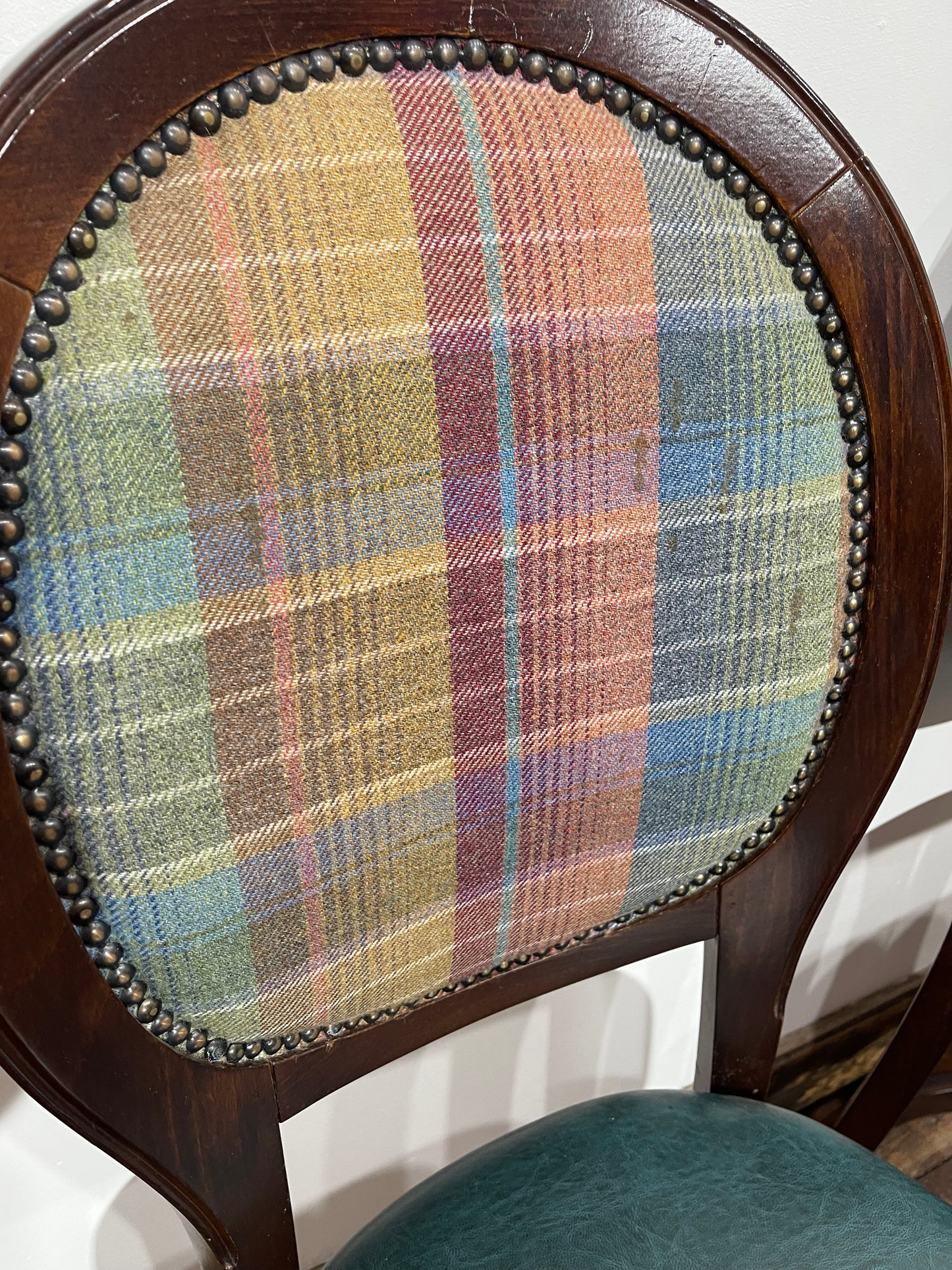 Set of 4 dining chairs with faux-leather seats & tartan fabric