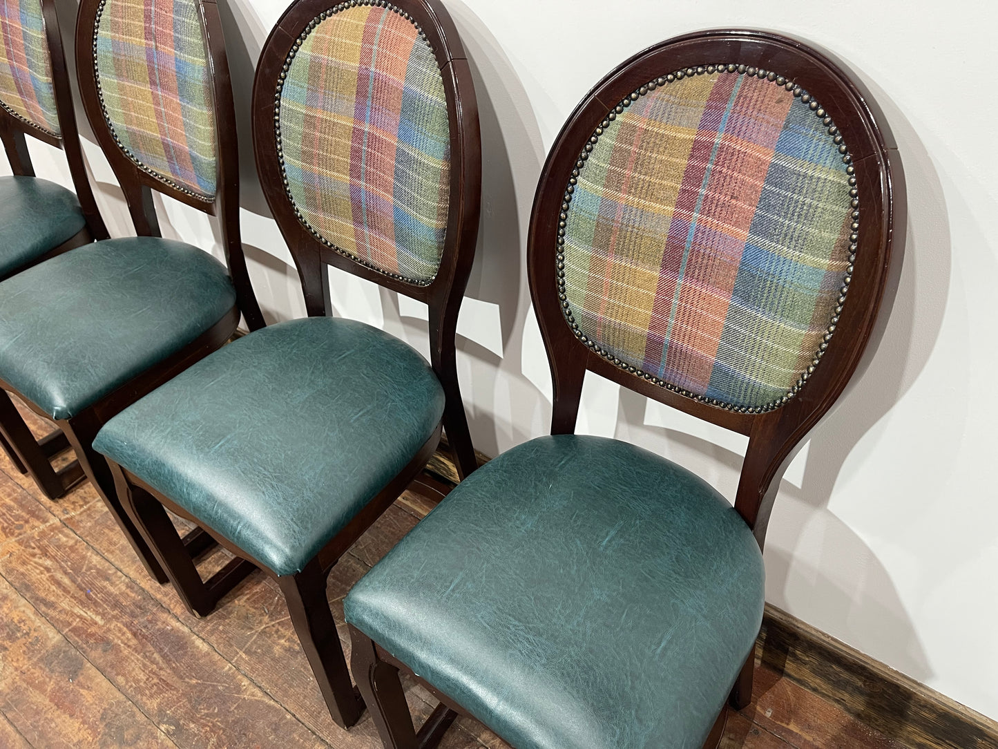 Set of 4 dining chairs with faux-leather seats & tartan fabric