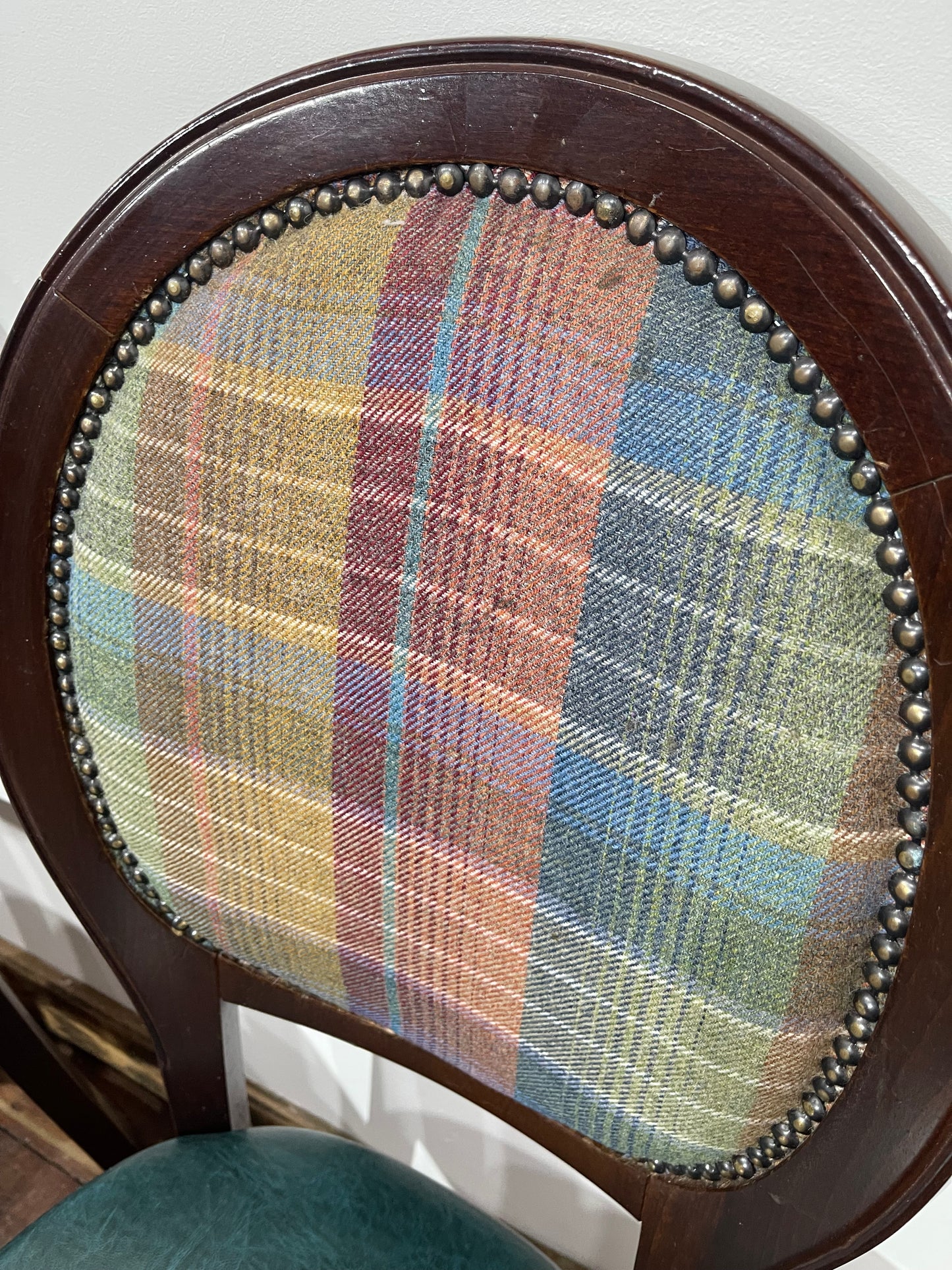 Set of 4 dining chairs with faux-leather seats & tartan fabric