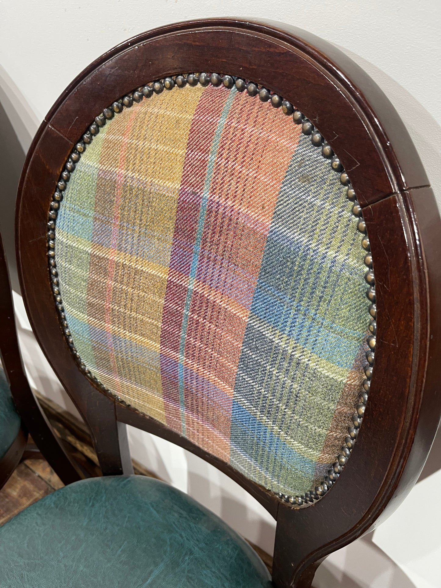 Set of 4 dining chairs with faux-leather seats & tartan fabric