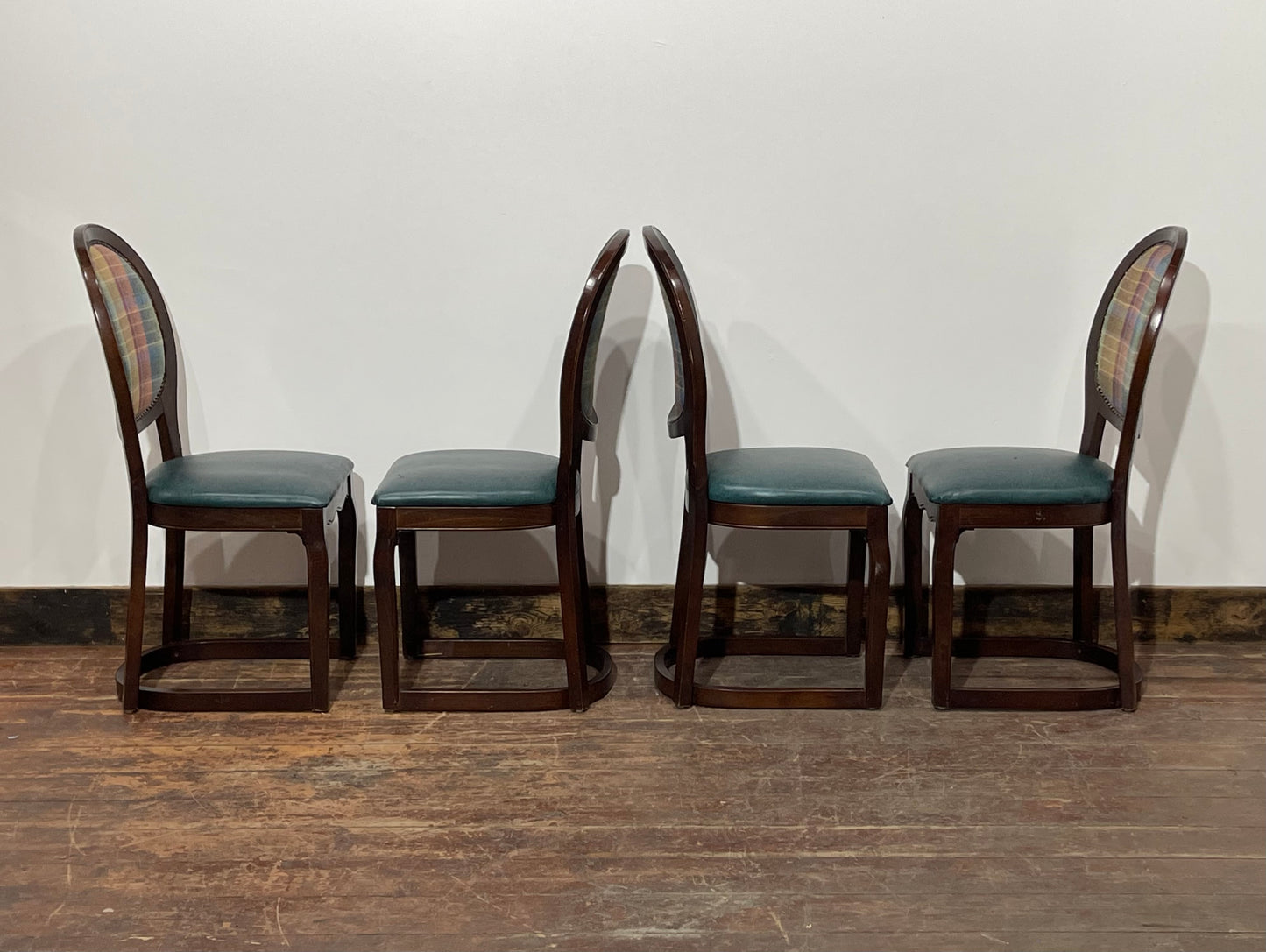 Set of 4 dining chairs with faux-leather seats & tartan fabric