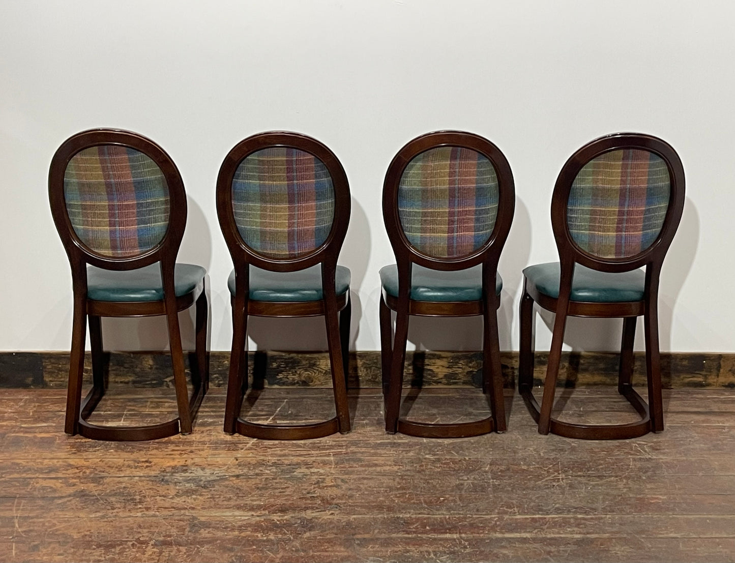 Set of 4 dining chairs with faux-leather seats & tartan fabric