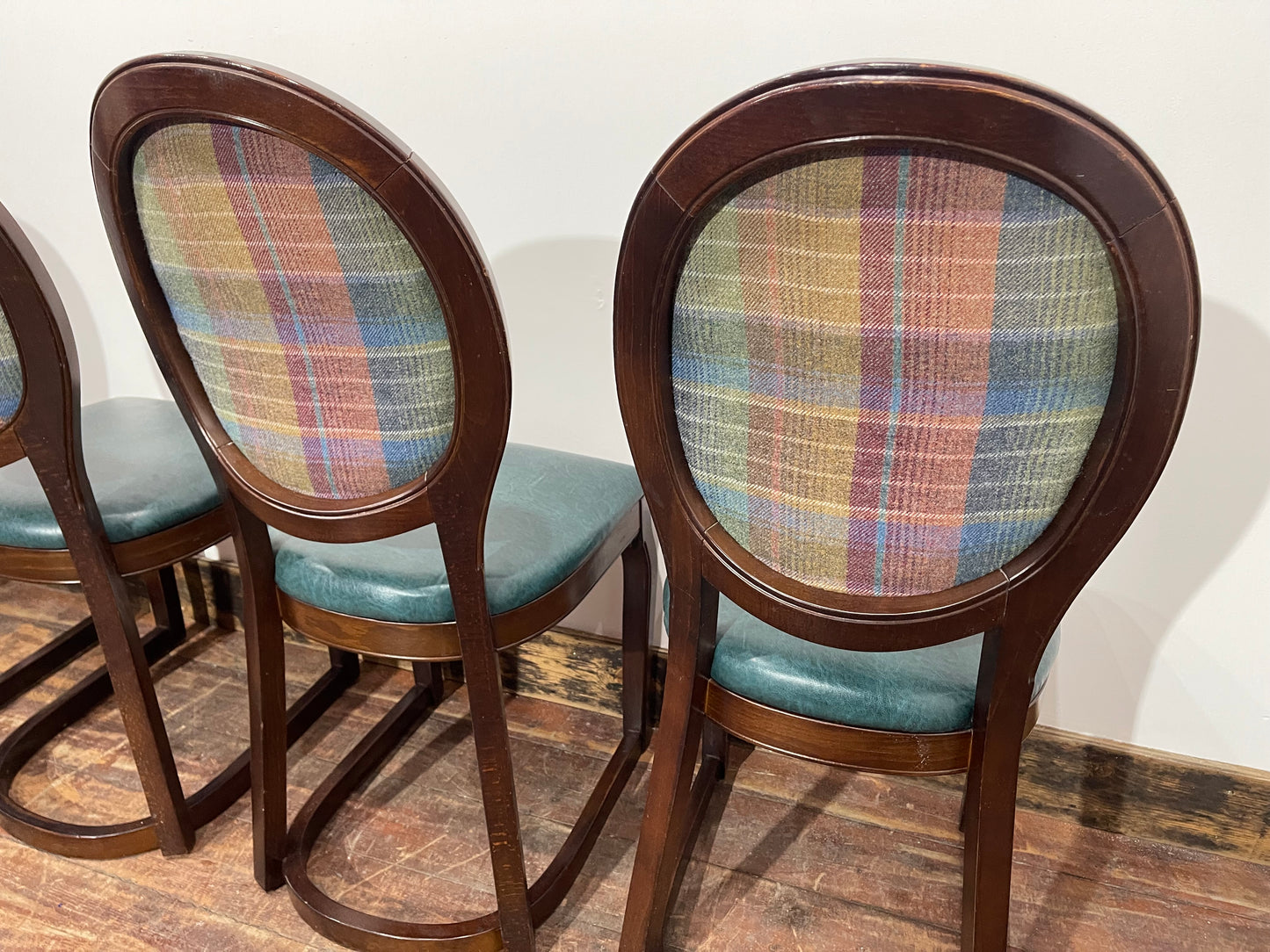 Set of 4 dining chairs with faux-leather seats & tartan fabric