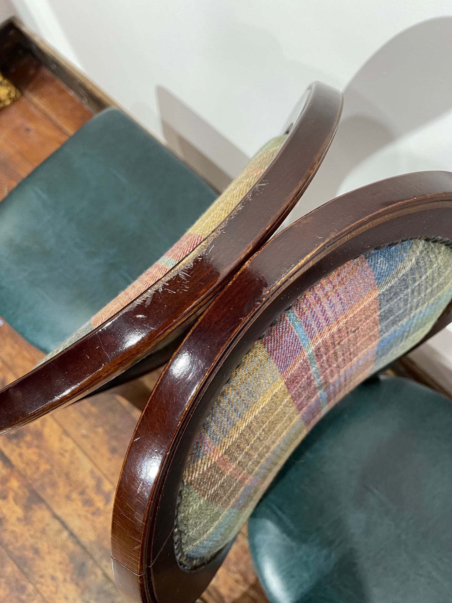 Set of 4 dining chairs with faux-leather seats & tartan fabric