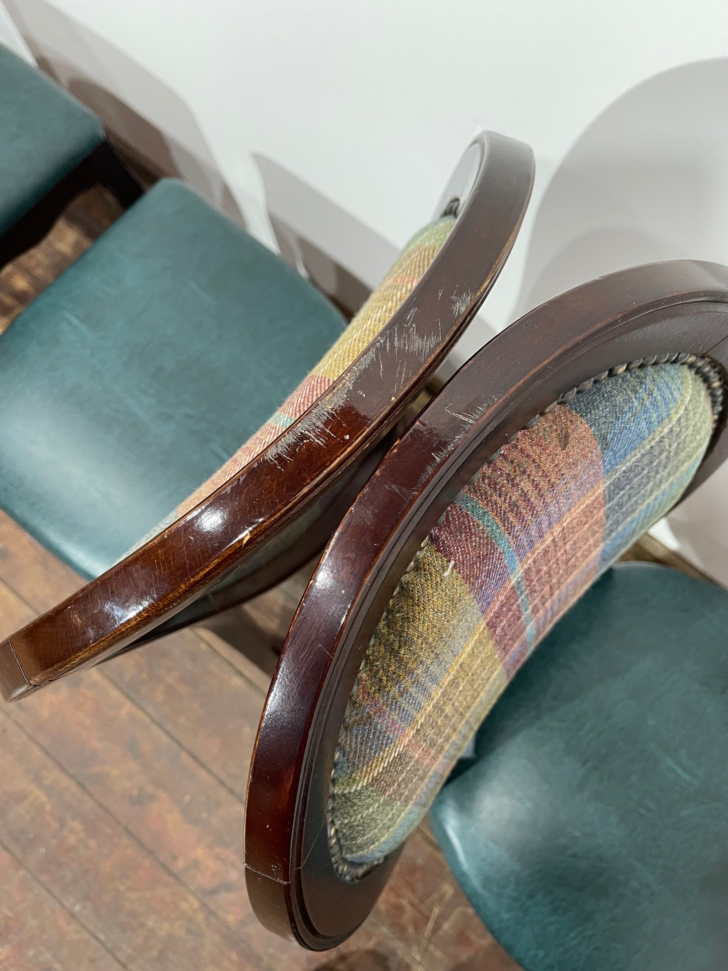 Set of 4 dining chairs with faux-leather seats & tartan fabric