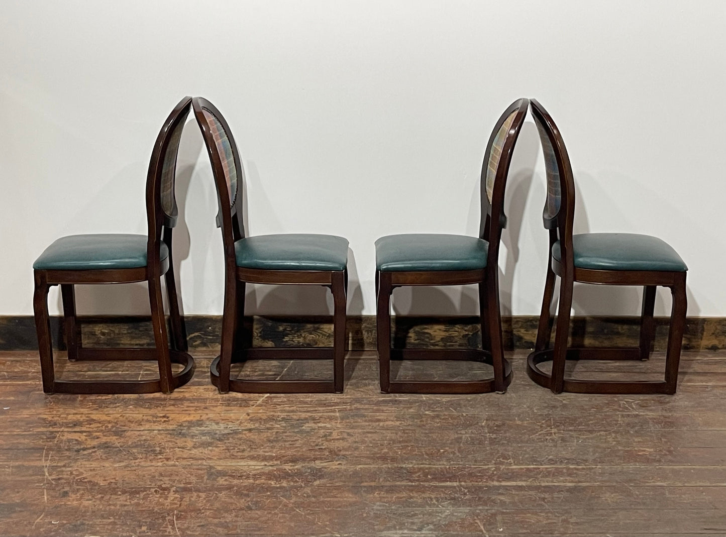 Set of 4 dining chairs with faux-leather seats & tartan fabric