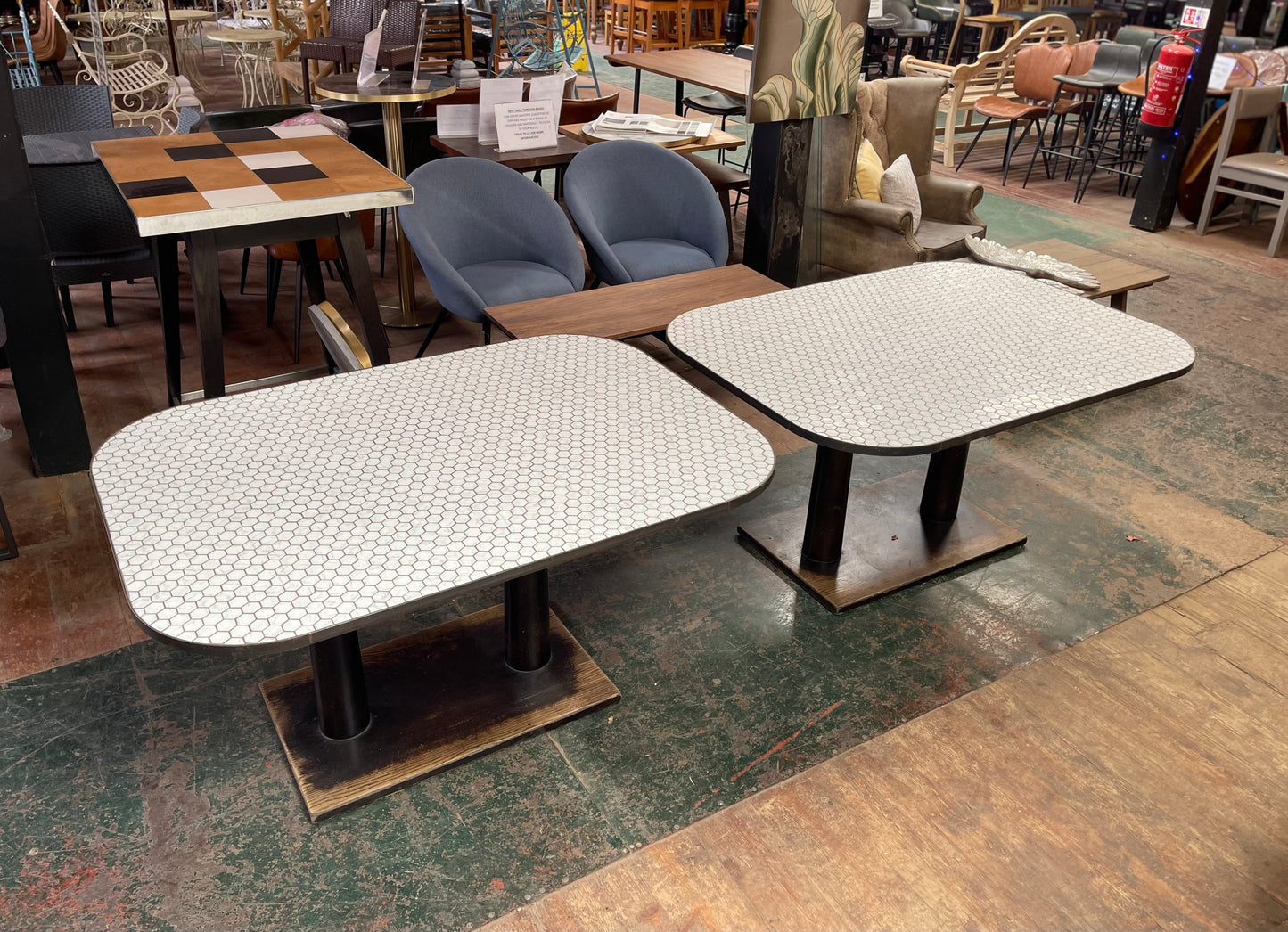 Set of 2 large tables with white marble effect tiles & metal edging
