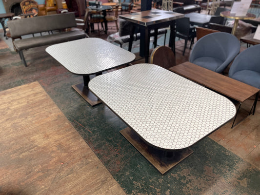 Set of 2 large tables with white marble effect tiles & metal edging