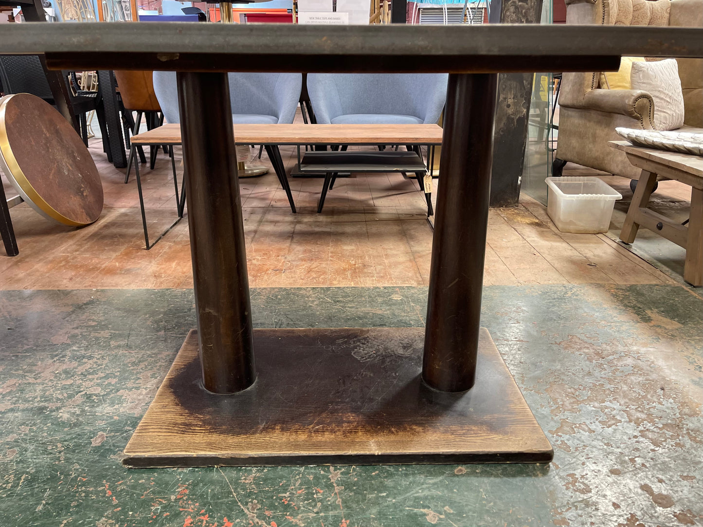 Set of 2 large tables with white marble effect tiles & metal edging