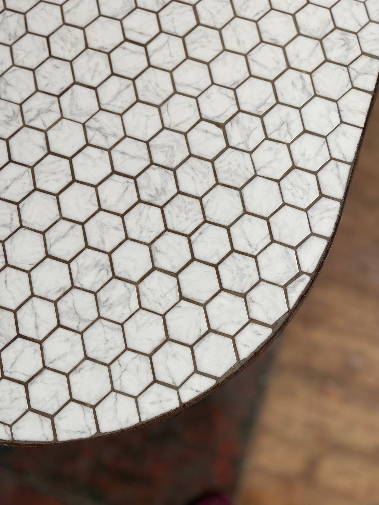 Set of 2 large tables with white marble effect tiles & metal edging