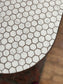 Set of 2 large tables with white marble effect tiles & metal edging