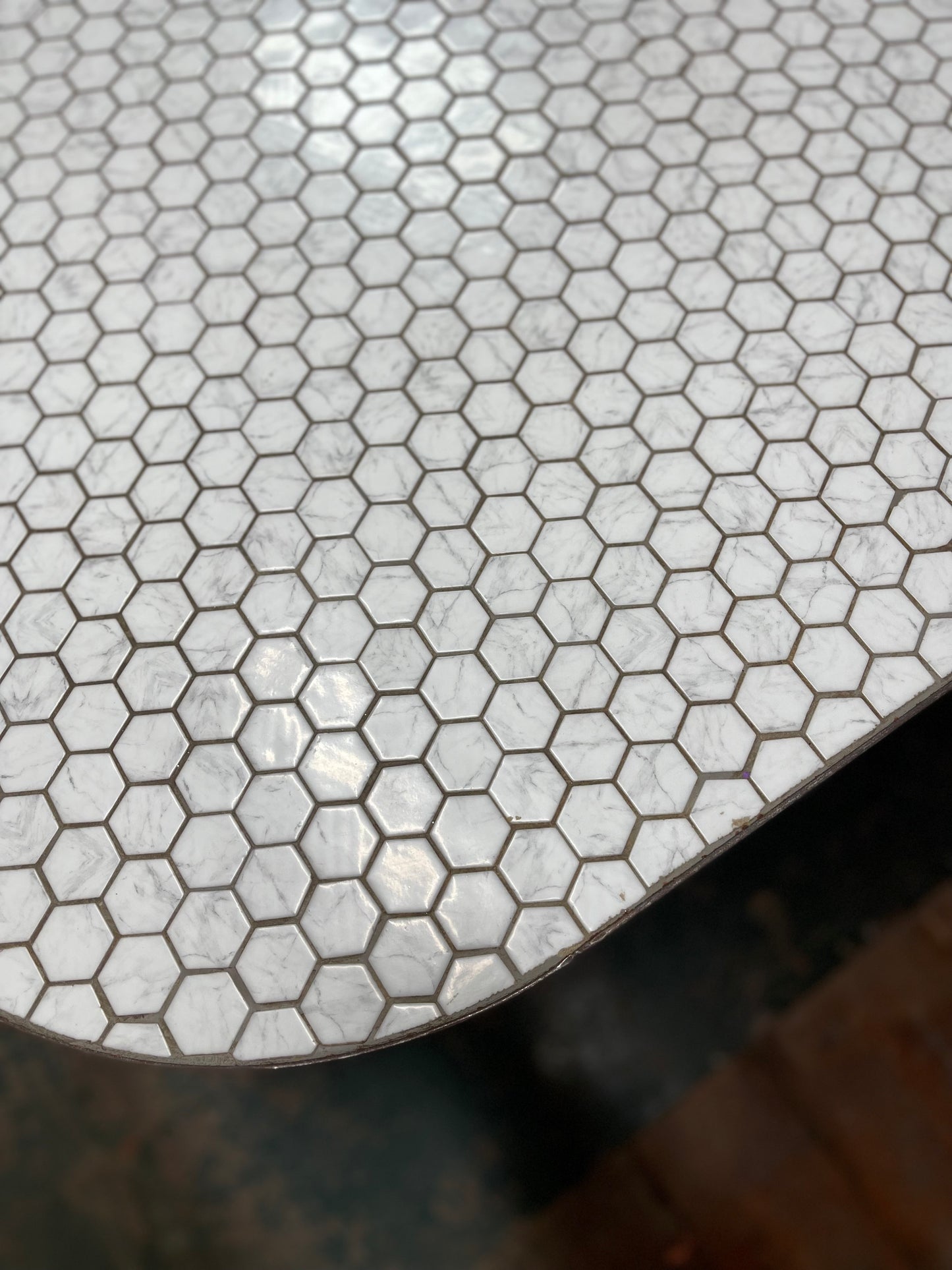 Set of 2 large tables with white marble effect tiles & metal edging