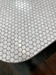 Set of 2 large tables with white marble effect tiles & metal edging