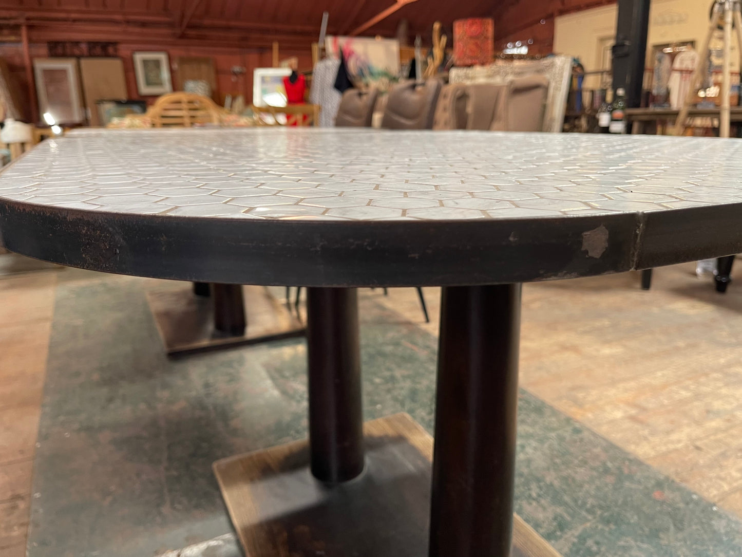 Set of 2 large tables with white marble effect tiles & metal edging