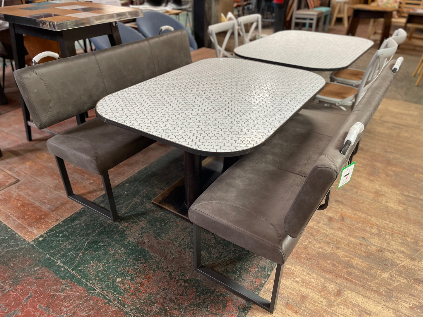 Set of 2 large tables with white marble effect tiles & metal edging