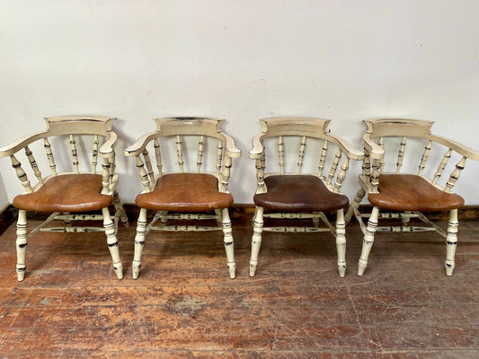 Set of 4 shabby chic leather and wood dining chairs