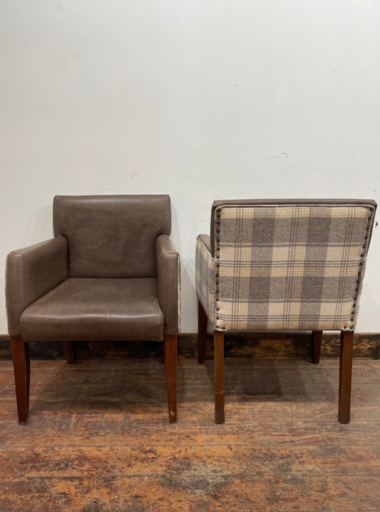 Pair of leather-effect armchairs / pub chairs with check tartan backs