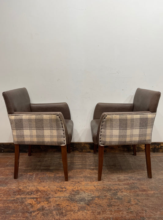 Pair of leather-effect armchairs / pub chairs with check tartan backs