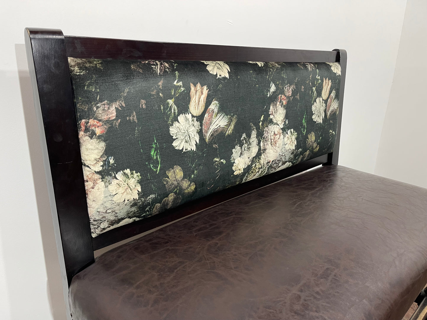 Stunning pair of poseur benches with floral fabric backrests
