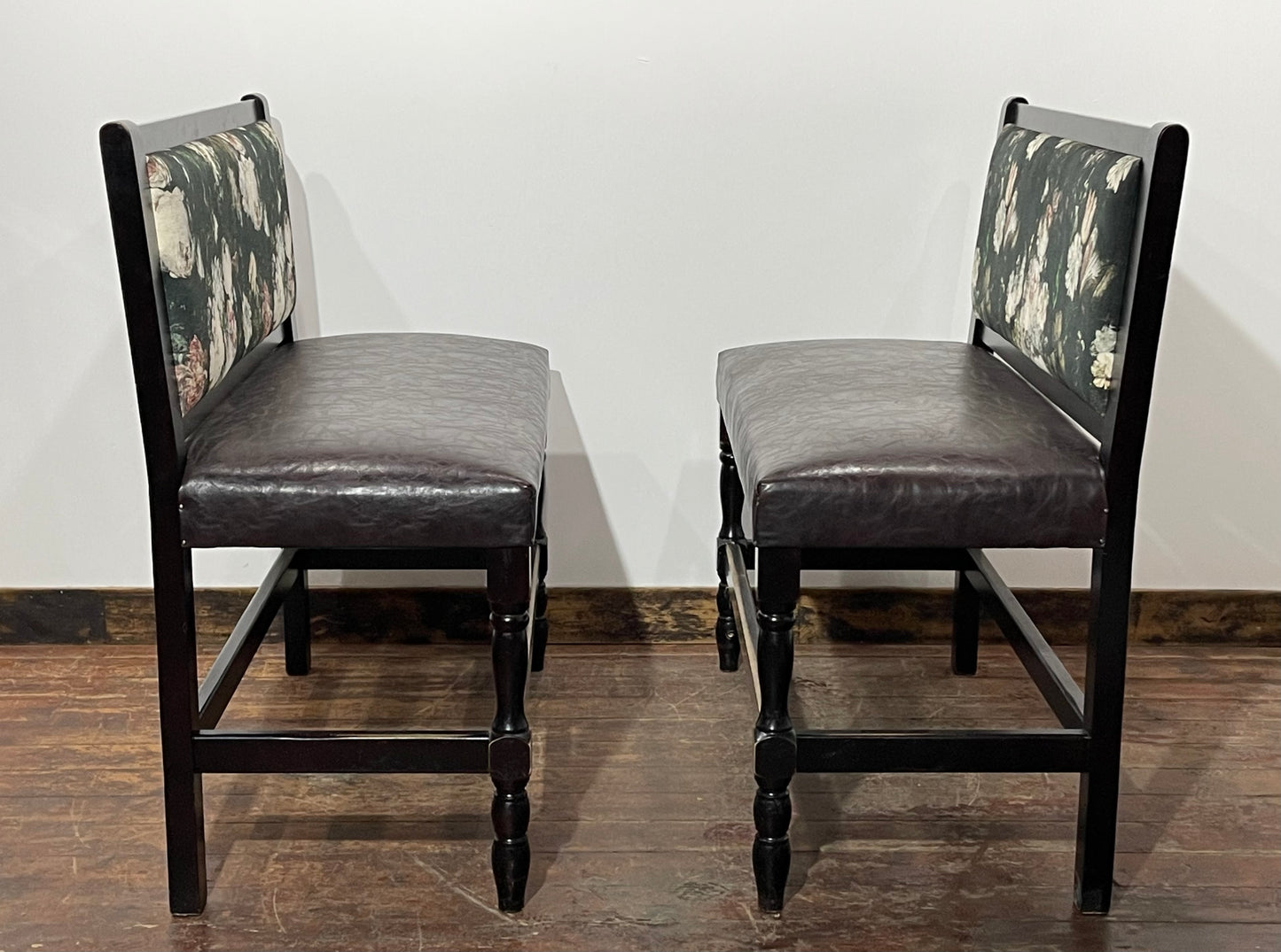Stunning pair of poseur benches with floral fabric backrests