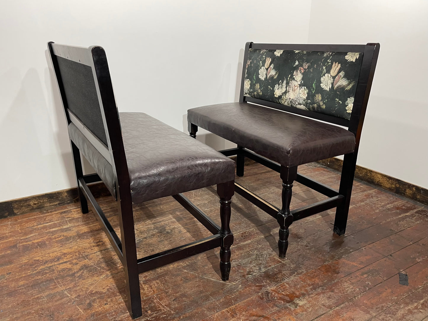 Stunning pair of poseur benches with floral fabric backrests