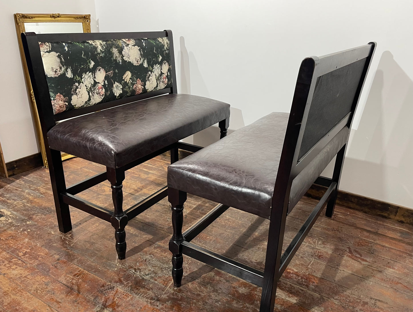 Stunning pair of poseur benches with floral fabric backrests