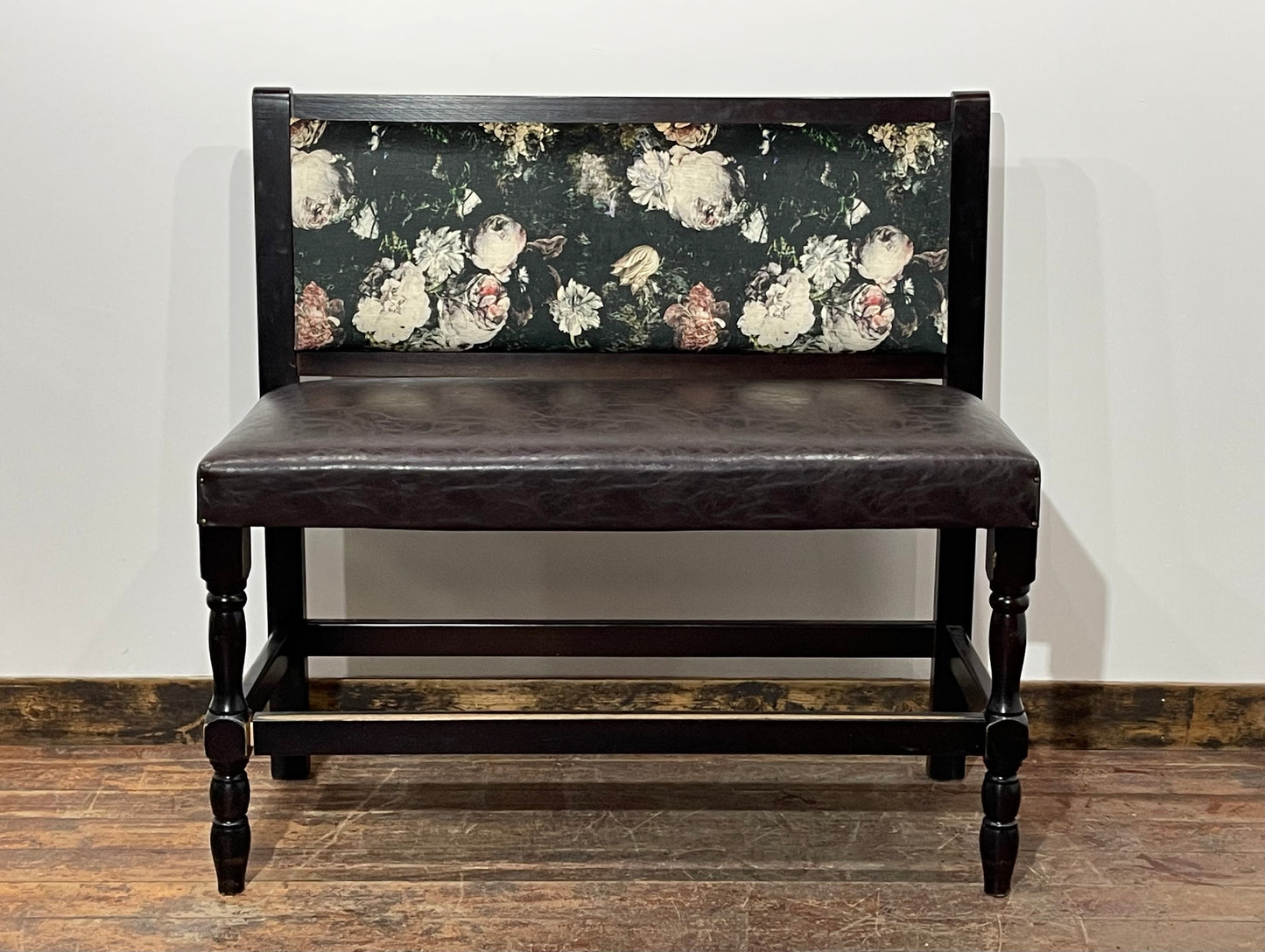 Stunning pair of poseur benches with floral fabric backrests