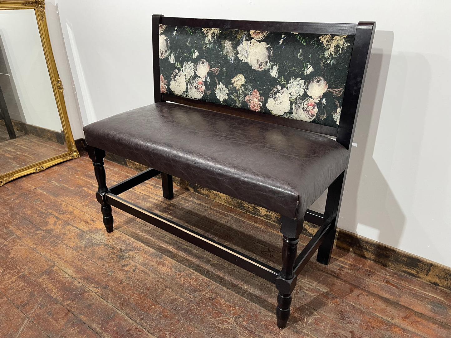 Stunning pair of poseur benches with floral fabric backrests