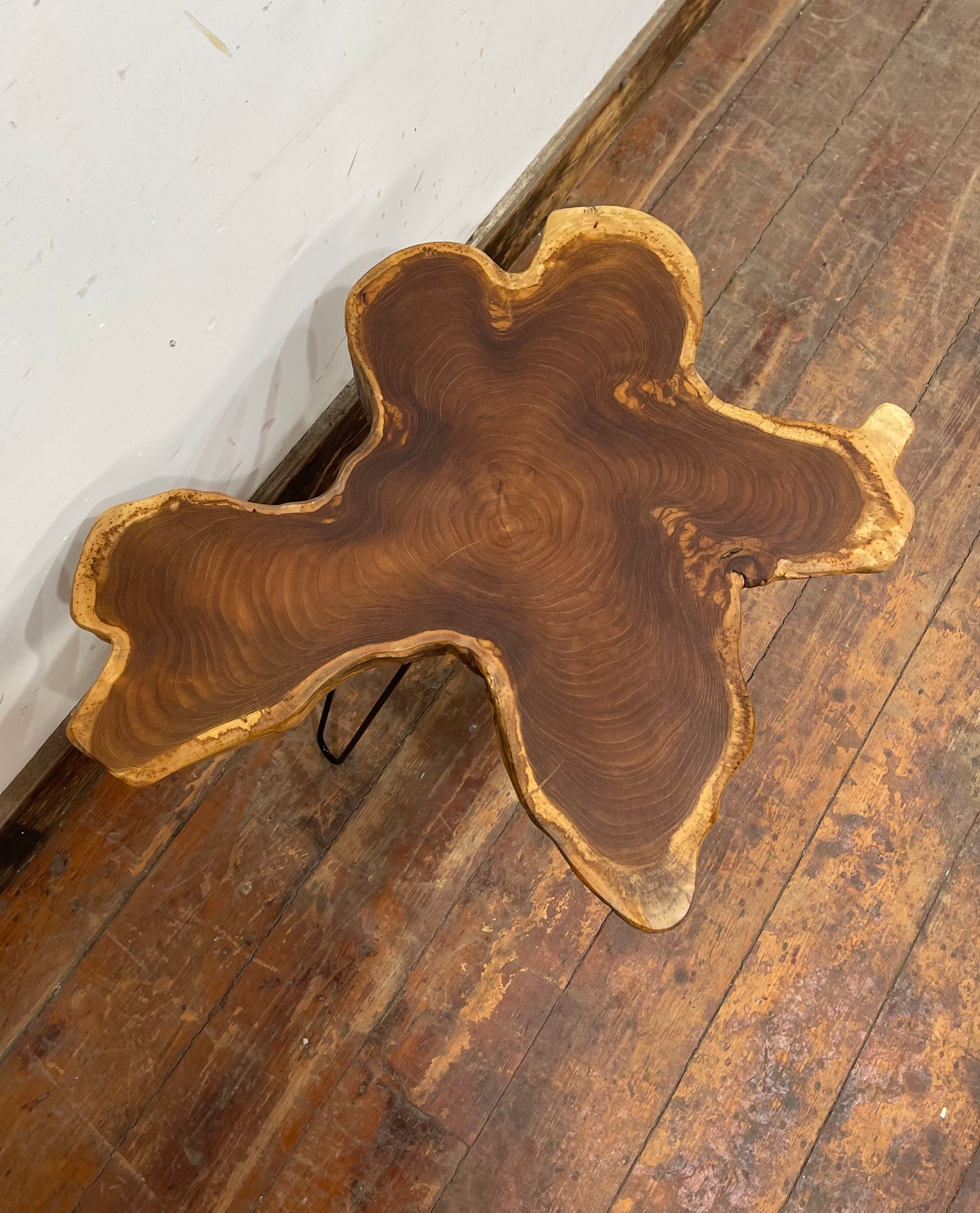 Pair of root wood side / end tables with metal legs