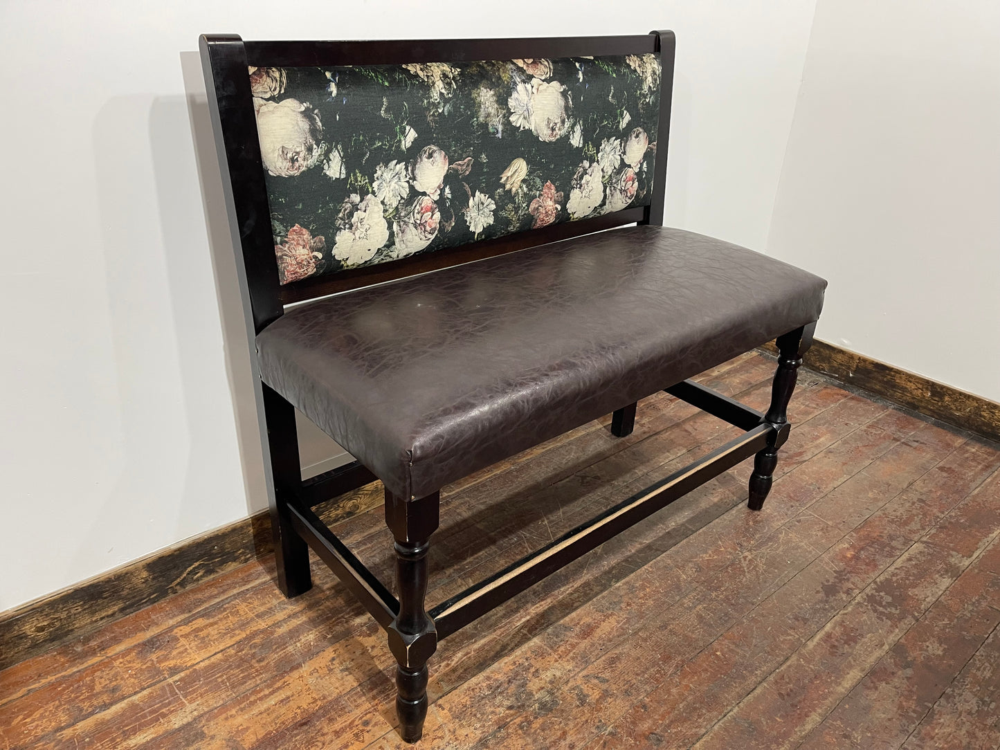 Stunning pair of poseur benches with floral fabric backrests